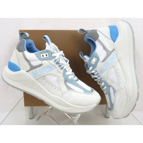 $850 BURBERRY SEAN WHITE SUEDE MESH PALE BLUE LOGO LOW SNEAKERS 41.5 US 8.5 - Picture 1 of 15